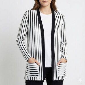 SYMPLI Jersey Knit Navy White Stripe Open Front Cardigan Front Pockets Sz 14